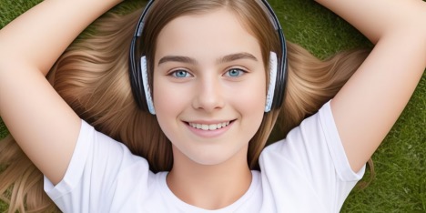 A child lying on grass with headphones on